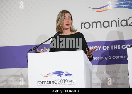 Bucharest, Romania - January 24, 2019: Federica Mogherini, EU High Representative for Foreign Affairs and Security Policy attends a news conference du Stock Photo