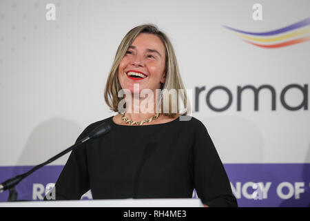 Bucharest, Romania - January 24, 2019: Federica Mogherini, EU High Representative for Foreign Affairs and Security Policy attends a news conference du Stock Photo