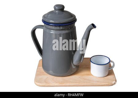 Gray teapot and white tin cup on white background with clipping path. Stock Photo