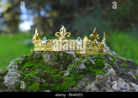 mysterious and magical photo of gold king crown over the stone covered with moss in the England woods or field landscape with light flare. Medieval pe Stock Photo