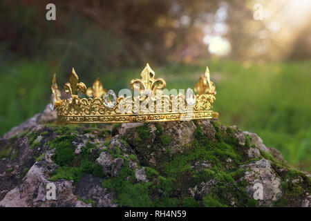 mysterious and magical photo of gold king crown over the stone covered with moss in the England woods or field landscape with light flare. Medieval pe Stock Photo