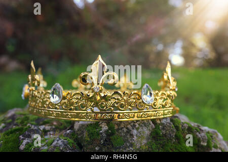 mysterious and magical photo of gold king crown over the stone covered with moss in the England woods or field landscape with light flare. Medieval pe Stock Photo