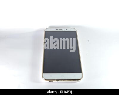 Open mobile phone showing screen and motherboard chipset Stock Photo