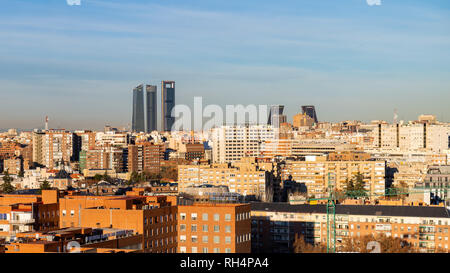 Sunset of the iconic Moncloa Arch and Faro de Moncloa in Madrid Stock Photo