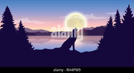 wolf howls at full moon purple nature landscape with big lake vector illustration EPS10 Stock Vector