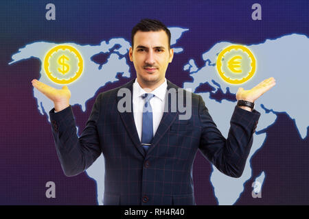 Man working at business stock market holding euro and dollar symbols in palms as economical balance concept with blue world map background Stock Photo