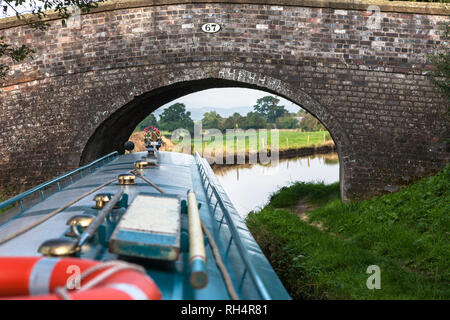 Threading the needle: narrowboat 'Misty Dawn' negotiates Broom Bridge No.67 on the Llangollen Canal, Shropshire, England Stock Photo