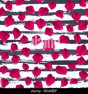 Seamless pattern of rose flower petals. Falling red rose petals on the background of grunge stripes. Vector illustration suitable for valentines day d Stock Vector