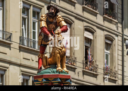 Fountain statue of Samson killing lion. Samsonbrunnen,Samson and lion