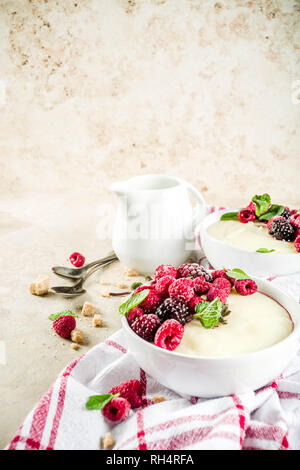 Two bowl with Semolina porridge with fresh berries, beige stone table copy space top view Stock Photo