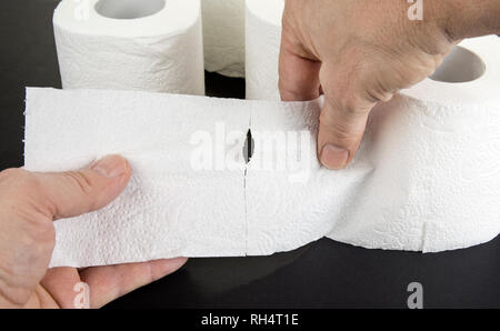 Two hands tear up toilet paper Stock Photo