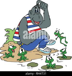 Vector illustration of a cartoon gorilla sitting with his frog friends Stock Vector