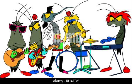 A cartoon rock group of bugs making music. Stock Vector