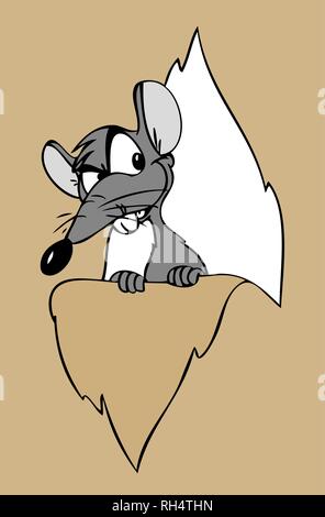 Funny looking cartoon mouse looking behind torn paper Stock Vector