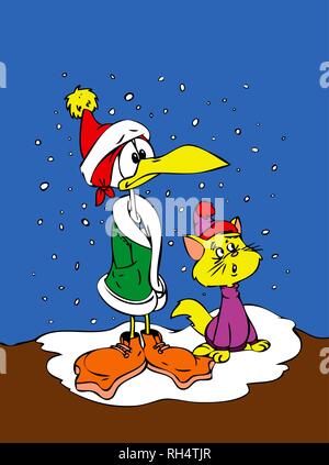 cartoon seagull and his cat friend are waiting outside in snowing weather Stock Vector