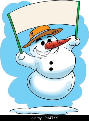 cartoon snowman holding a blank banner in his hands vector illustration Stock Vector