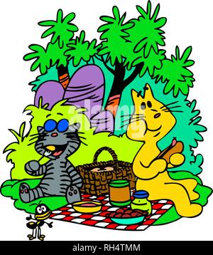 Vector illustration of two cartoon cats having a picnic in the park Stock Vector