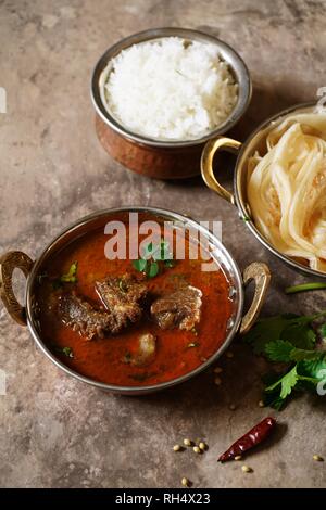 Goat or Lamb Mutton curry with rice nd roti/ Indian meal concept Stock Photo