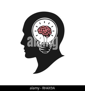 Human head creating a new idea vector illustration. Human head with brain. Silhouette human head with light bulb. Big idea logo icon design Stock Vector