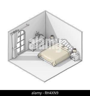 3d illustration rendering sketch drawing of retro styled queen size bedroom Stock Photo