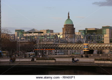 A view of a bridge in Dublin's city centre with traffic crossing Stock Photo