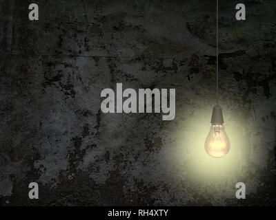 Yellow illuminated light bulb against black wall Stock Photo