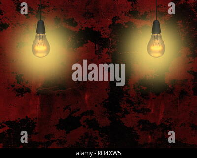 Two illuminated light bulbs against black and red wall background Stock Photo