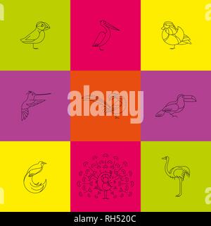 Birds are different species. Line icon set. Can be used for logo, print, web site Stock Vector