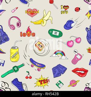 Seamless pattern with fashion badges retro style 80s,90s Stock Vector