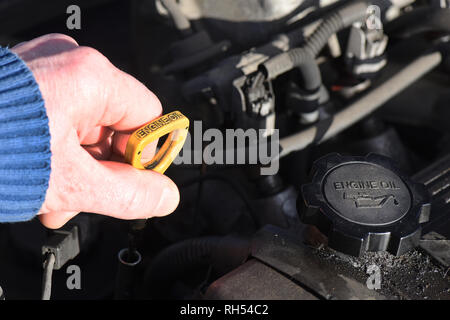 person topping up oil on vehicle engine Stock Photo