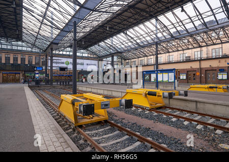 HELSINKI, FINLAND - SEPTEMBER 21, 2014: platform of Helsinki Central railway station. It is a widely recognised landmark in Kluuvi, part of central He Stock Photo