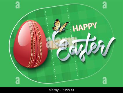 Happy Easter. Easter egg in the form of a cricket ball on a cricket field background. Vector illustration. Stock Vector
