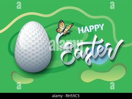 Happy Easter. Easter egg in the form of a golf ball on a golf course background. Vector illustration. Stock Vector