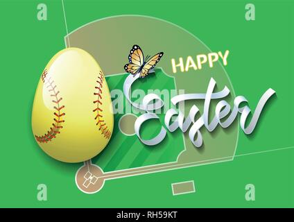 Happy Easter. Easter egg in the form of a softball ball on a softball field background. Vector illustration. Stock Vector