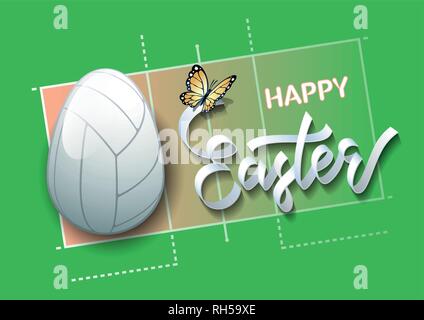 Happy Easter. Easter egg in the form of a volleyball ball on a volleyball court background. Vector illustration. Stock Vector