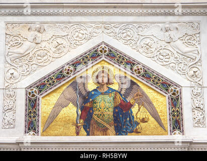 Mosaic of Saint Michael on the facade of  Serbian Orthodox Church in Trieste Stock Photo