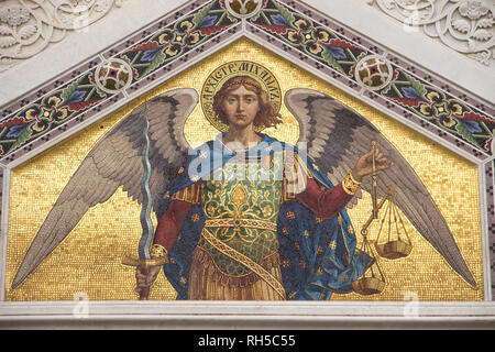 Mosaic of Saint Michael on the facade of  Serbian Orthodox Church in Trieste Stock Photo