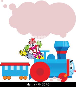The illustration shows cartoon cheerful clown who goes in the locomotive. Illustration done on separate layers, there is a place for the text block. Stock Vector
