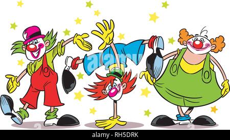 Three funny clowns performs at the circus arena.Illustration done in cartoon style, on separate layers Stock Vector