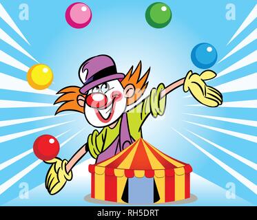 The illustration shows a clown who juggles balls against the background of a circus tent. Illustration done in cartoon style, on separate layers. Stock Vector