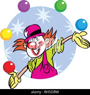 The illustration shows a circus clown who juggles balls. Illustration done in cartoon style, on separate layers. Stock Vector