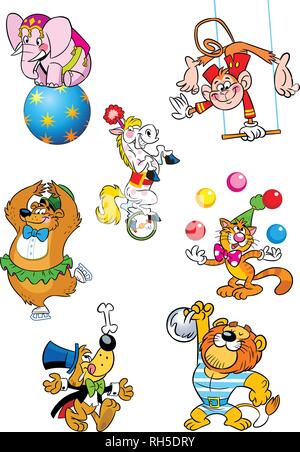 The illustration shows several different animals that perform in the circus. Illustration done in cartoon style, on separate layers. Stock Vector