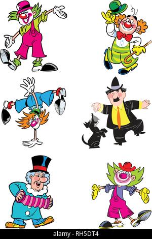 The illustration shows a few different clowns. Illustration done in cartoon style on separate layers. Stock Vector