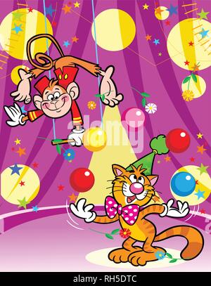 The illustration shows a monkey in a circus, which performs acrobatic on the swings. In the arena of ginger cat shows the number with balls. Stock Vector