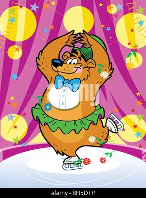 The illustration shows how a circus bear skates. Illustration done on separate layers in a cartoon style. Stock Vector