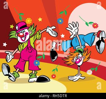 Two funny clowns performs at the circus arena.Illustration done in cartoon style, on separate layers Stock Vector