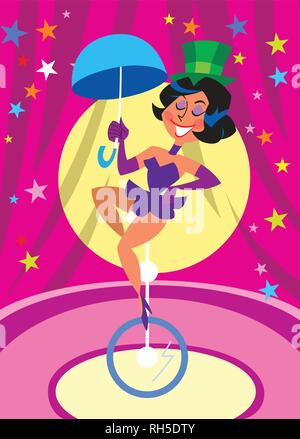 A beautiful girl acrobat an in the circus ring.She does the number on the wheel.Illustration done on separate layers. Stock Vector