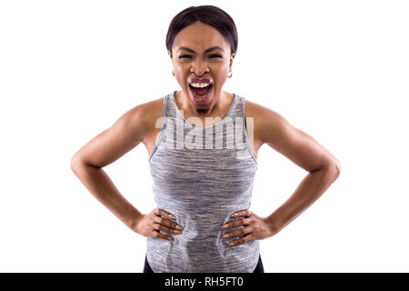 Black female wearing athletic outfit on a white background as a