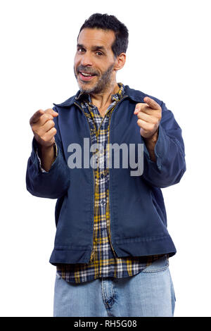 casual dressed man pointing with white background Stock Photo