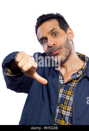 casual dressed man pointing with white background Stock Photo